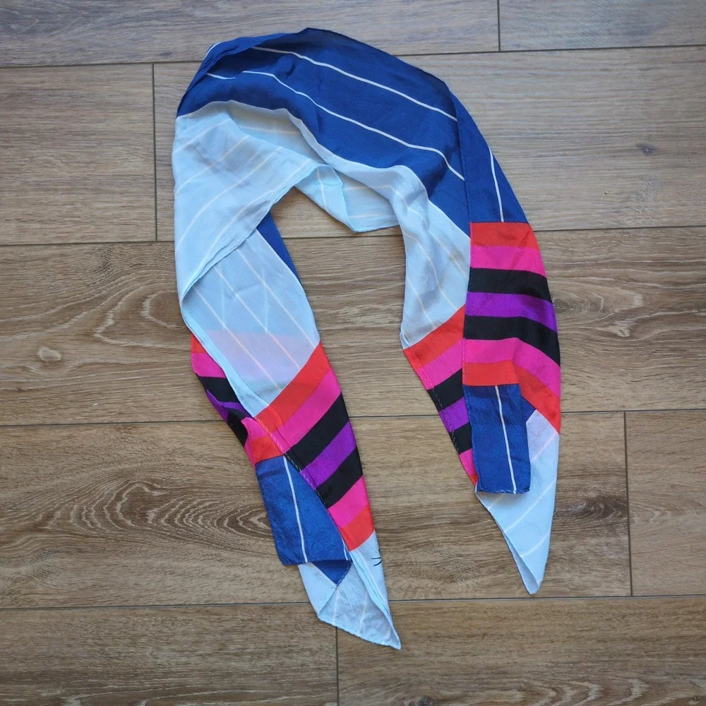 Vtg Kasper Oblong Silk Scarf Blue Red Pink Black Colorblock Striped Geometric